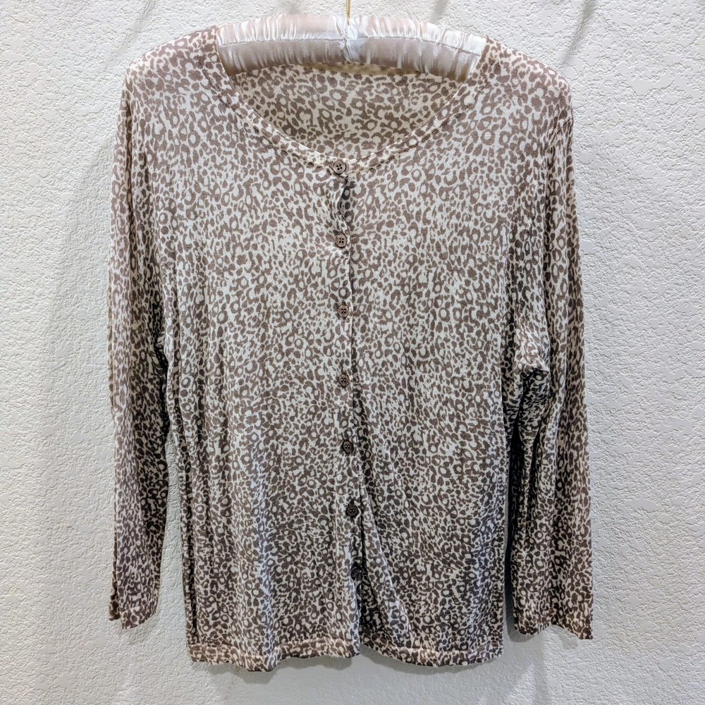 Garnet Hill Merino Wool Leopard Print Cardigan in Brown and Cream